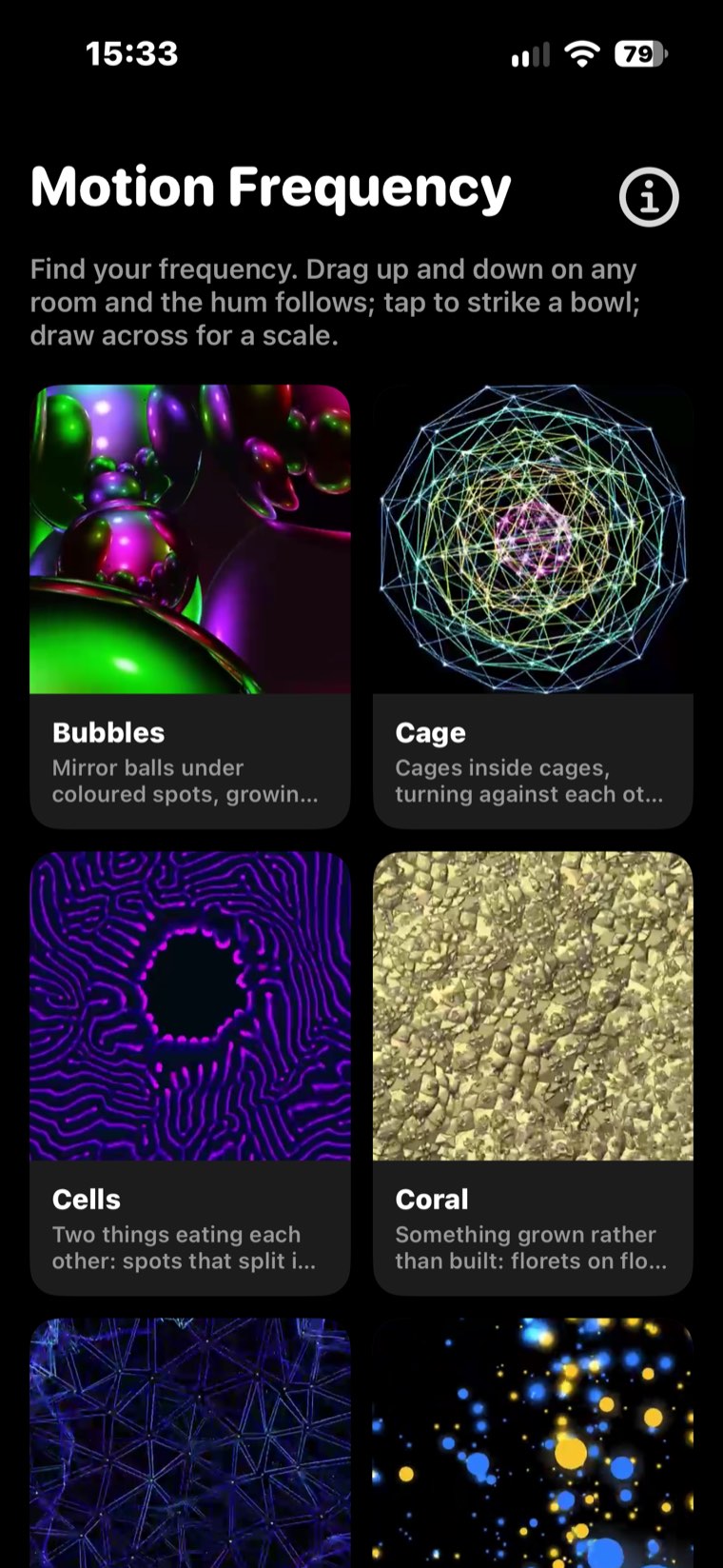 The Motion Frequency shelf: room tiles for Bubbles, Cage, Cells and Coral, each with a short description