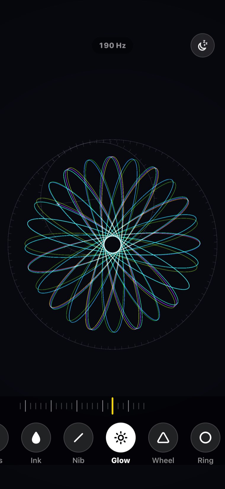 The Spiro room at 190 Hz with its tray open: Ink, Nib, Glow, Wheel and Ring