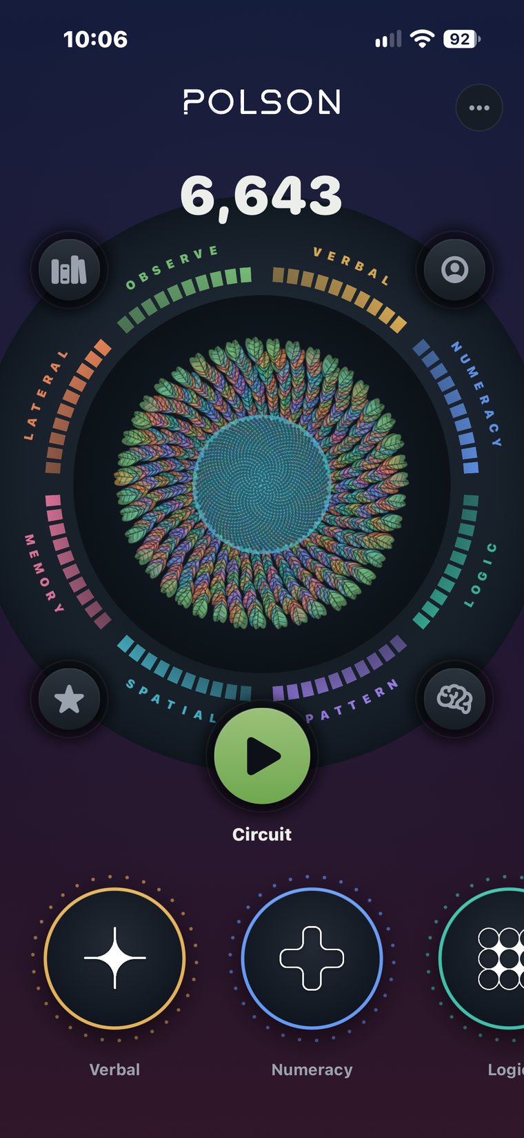 The Polson home screen, showing the dimension ring and the circuit button
